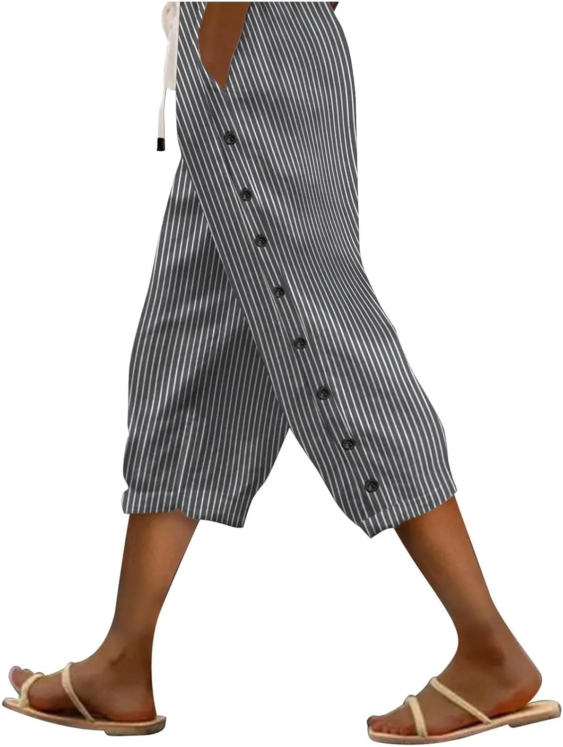 Womens Tapered Pants 2025 Summer Comfy Cotton Linen Capris Elastic Waist Pants Casual Cropped Trousers with Pockets