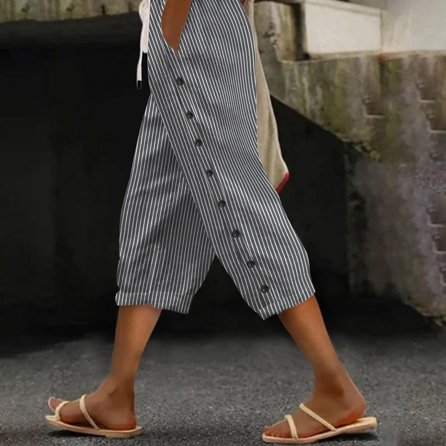 Womens Tapered Pants 2025 Summer Comfy Cotton Linen Capris Elastic Waist Pants Casual Cropped Trousers with Pockets