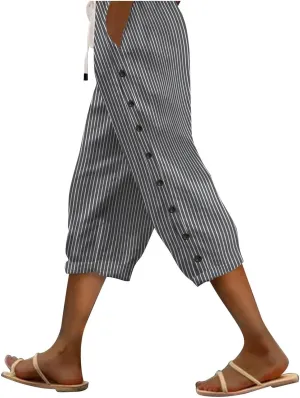 Womens Tapered Pants 2025 Summer Comfy Cotton Linen Capris Elastic Waist Pants Casual Cropped Trousers with Pockets