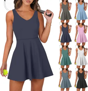 Womens Tennis Dress Summer Cross Tie Backless V Neck Tank Dresses Athletic Romper Dress with Shorts Underneath