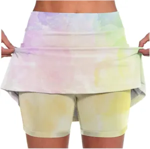 Women's Tennis Golf Mini Skirts with Pockets Casual Tie Dye High Waisted Elastic Skorts Summer Workout Skirt Inner Shorts