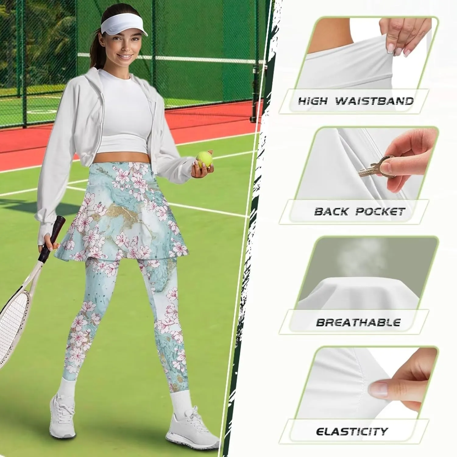 Women's Tennis Leggings with Skirts and Pockets Comfortable Soft High Waist Workout Yoga Pants Plus Size XS-3XL