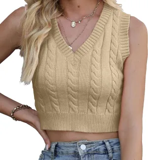 Women's V-Neck Knit Sweater Vest Solid Color Sleeveless Crop Knit Vest Sweaters