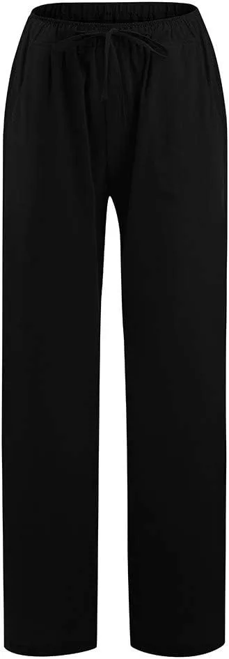Women's Vintage Wide Leg Pants Cotton Linen Harem Pants Summer Elastic Waist Casual Lightweight Baggy Slacks Trousers