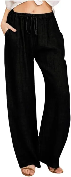 Women's Vintage Wide Leg Pants Cotton Linen Harem Pants Summer Elastic Waist Casual Lightweight Baggy Slacks Trousers