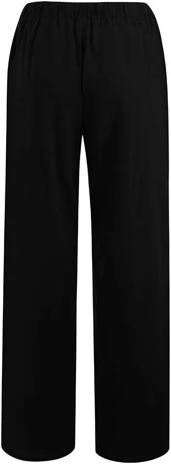 Women's Vintage Wide Leg Pants Cotton Linen Harem Pants Summer Elastic Waist Casual Lightweight Baggy Slacks Trousers