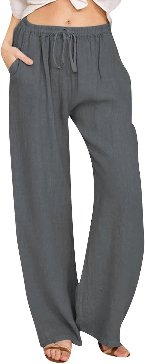 Women's Wide Leg Cotton Linen Pants Summer Flowy Beach Pants Drawstring High Waisted Palazzo Pants Plus Size Yoga Trousers