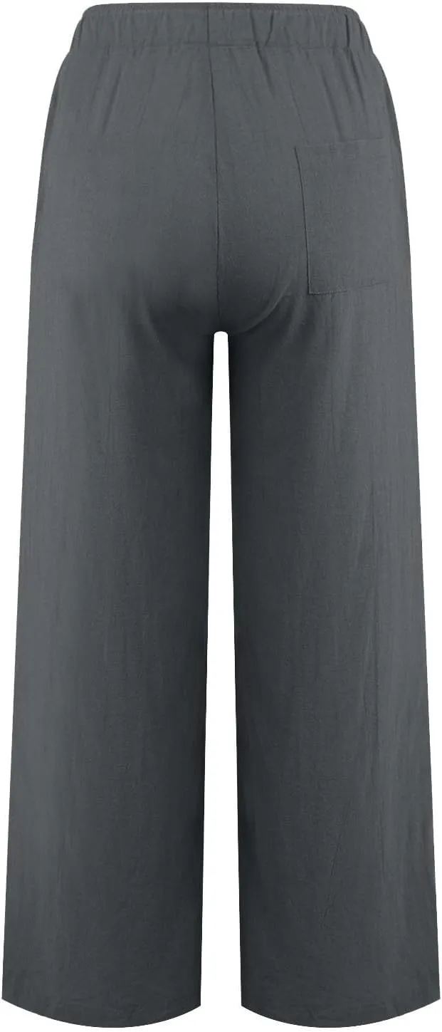 Women's Wide Leg Cotton Linen Pants Summer Flowy Beach Pants Drawstring High Waisted Palazzo Pants Plus Size Yoga Trousers