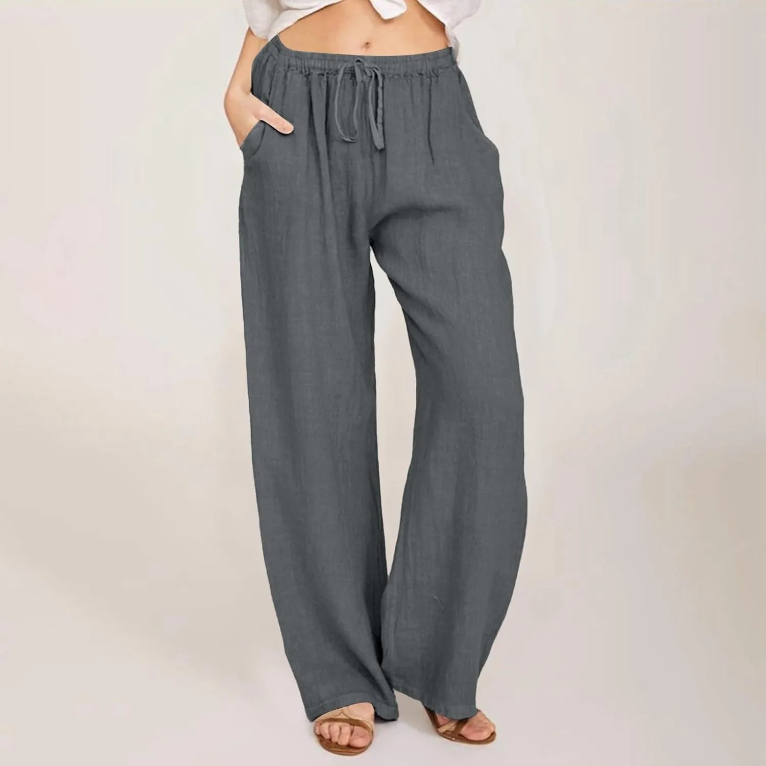 Women's Wide Leg Cotton Linen Pants Summer Flowy Beach Pants Drawstring High Waisted Palazzo Pants Plus Size Yoga Trousers