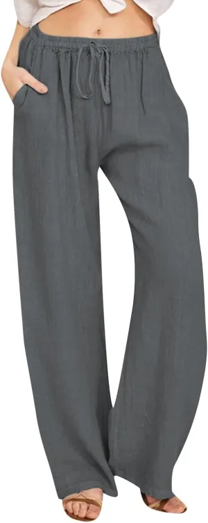 Women's Wide Leg Cotton Linen Pants Summer Flowy Beach Pants Drawstring High Waisted Palazzo Pants Plus Size Yoga Trousers