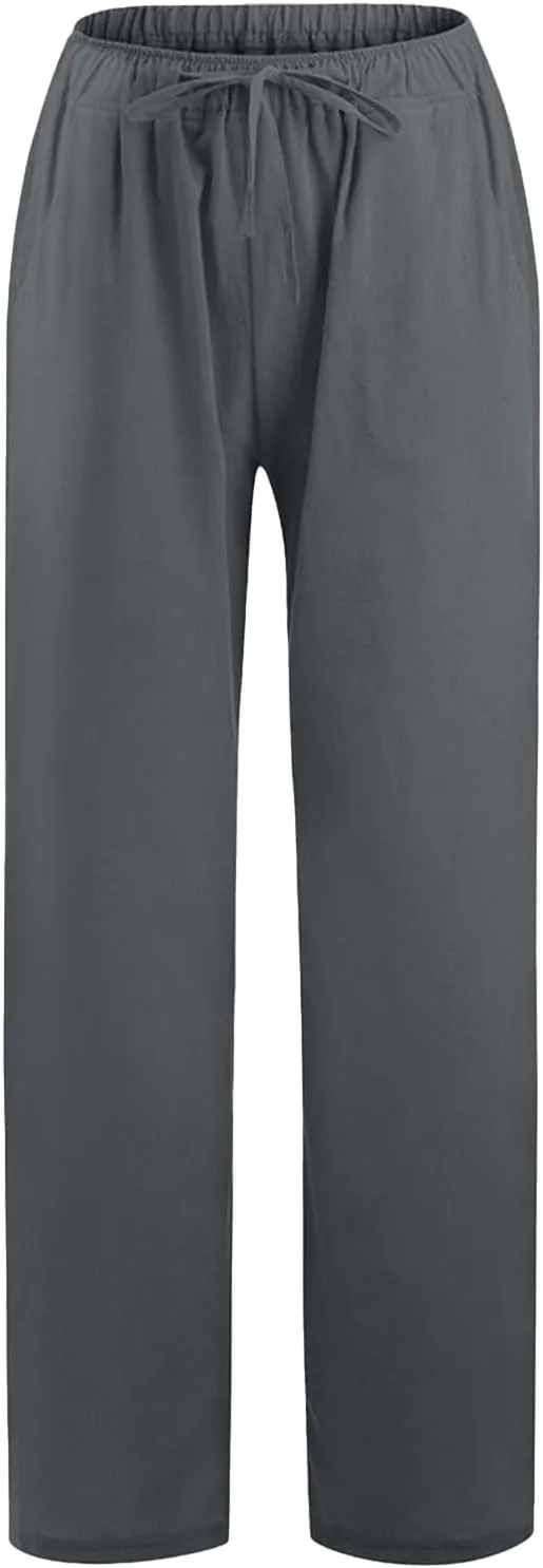 Women's Wide Leg Cotton Linen Pants Summer Flowy Beach Pants Drawstring High Waisted Palazzo Pants Plus Size Yoga Trousers