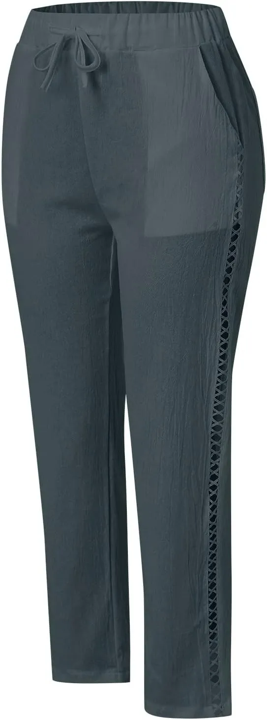 Womens Wide Leg Crop Pants Casual Drawstring Baggy Loose Linen Pants with Pockets Plus Size HIgh Waist Linen Pants