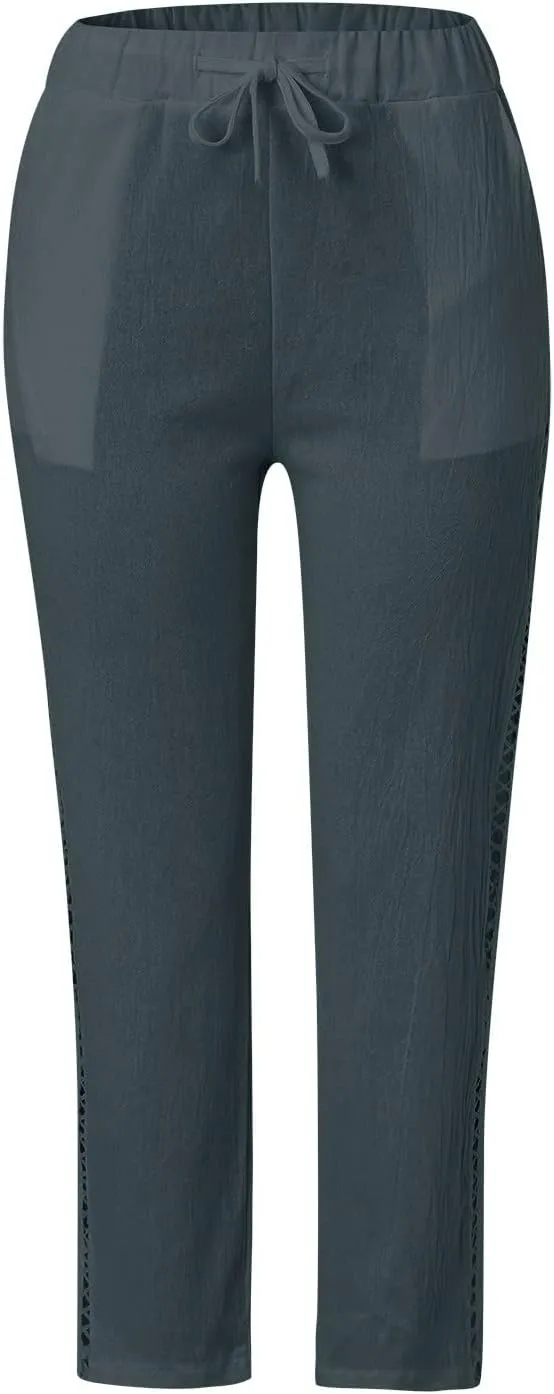 Womens Wide Leg Crop Pants Casual Drawstring Baggy Loose Linen Pants with Pockets Plus Size HIgh Waist Linen Pants