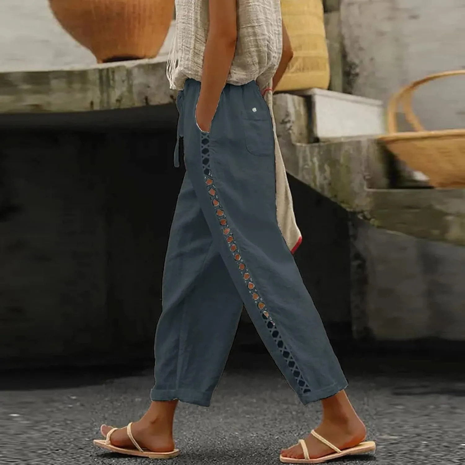 Womens Wide Leg Crop Pants Casual Drawstring Baggy Loose Linen Pants with Pockets Plus Size HIgh Waist Linen Pants