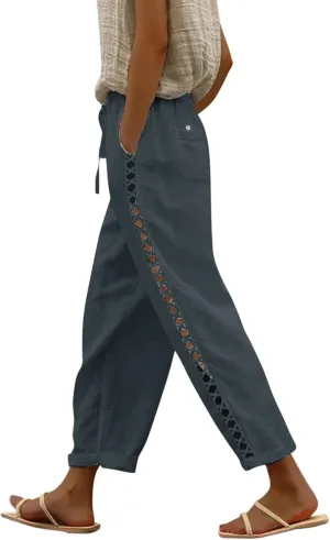 Womens Wide Leg Crop Pants Casual Drawstring Baggy Loose Linen Pants with Pockets Plus Size HIgh Waist Linen Pants