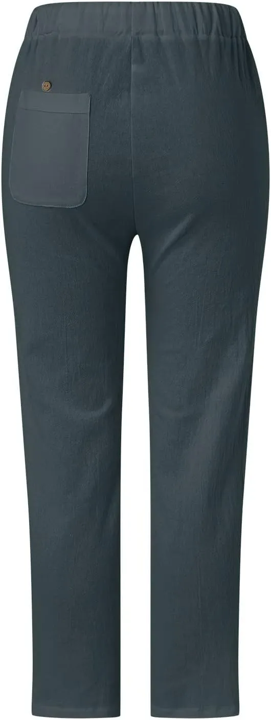 Womens Wide Leg Crop Pants Casual Drawstring Baggy Loose Linen Pants with Pockets Plus Size HIgh Waist Linen Pants