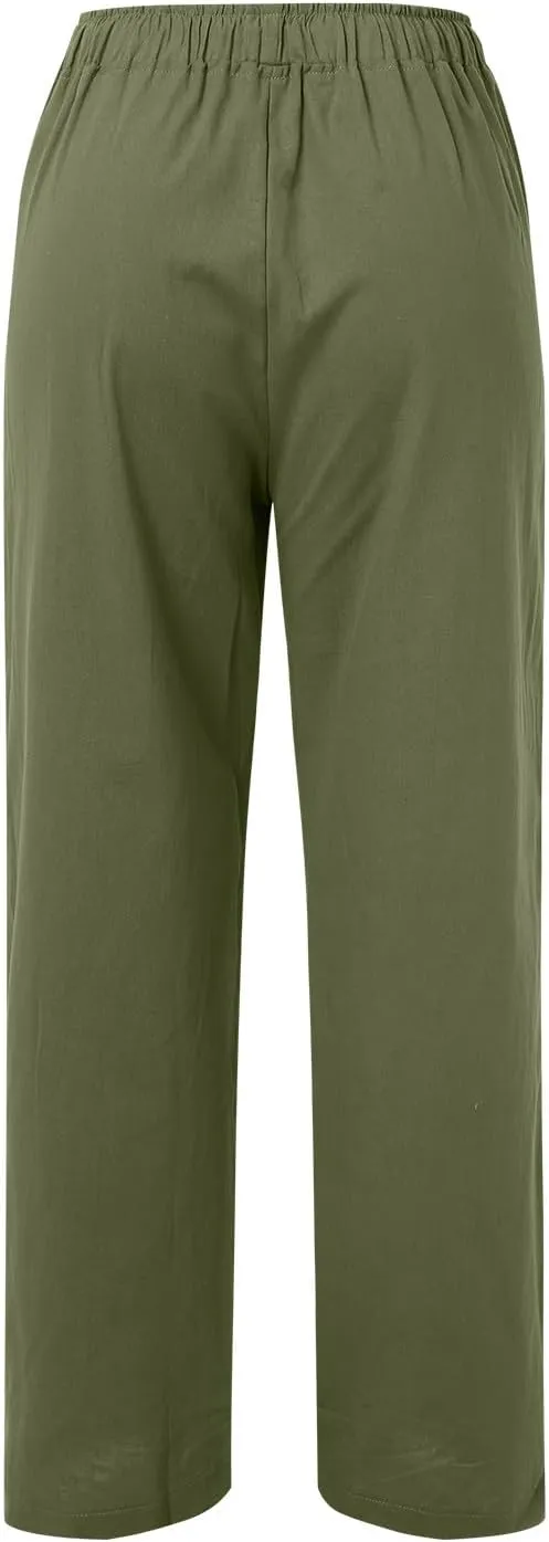 Womens Wide Leg Linen Pants Beach Casual High Waisted Palazzo Pant Comfy Ruched Trouser with Pocket