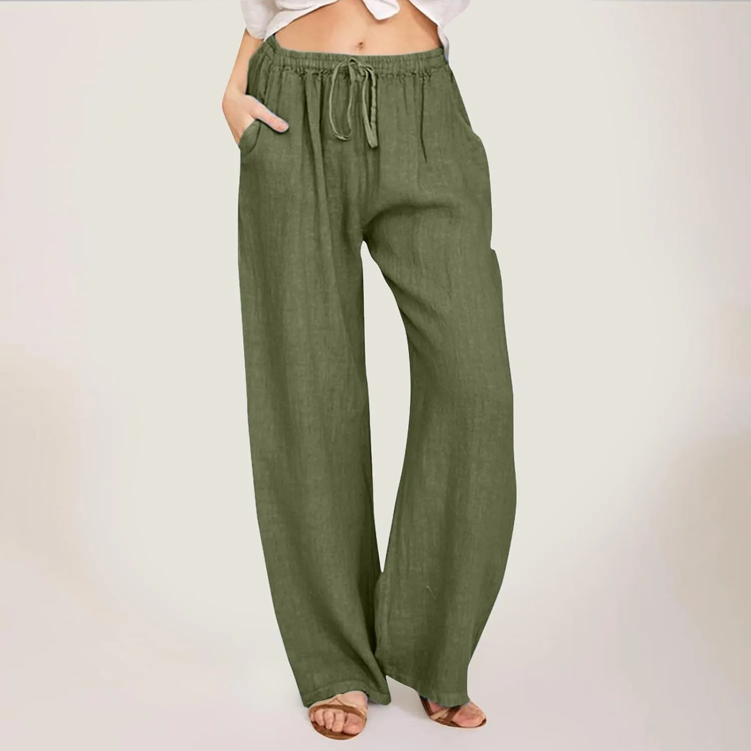 Womens Wide Leg Linen Pants Beach Casual High Waisted Palazzo Pant Comfy Ruched Trouser with Pocket