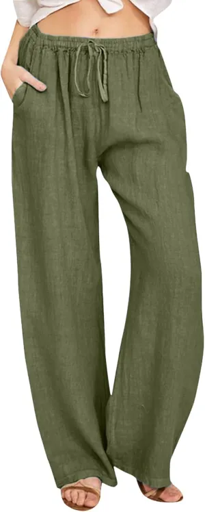 Womens Wide Leg Linen Pants Beach Casual High Waisted Palazzo Pant Comfy Ruched Trouser with Pocket