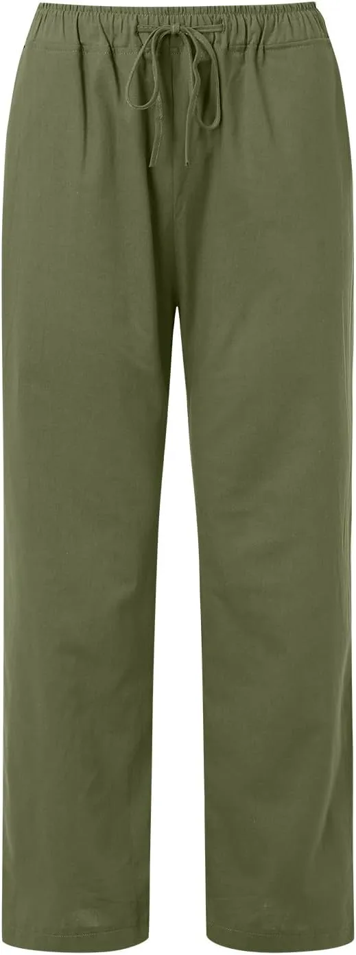 Womens Wide Leg Linen Pants Beach Casual High Waisted Palazzo Pant Comfy Ruched Trouser with Pocket