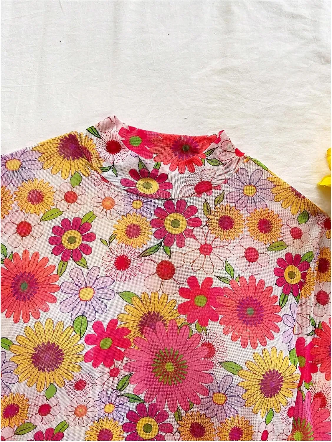 Women's Y2K Floral 70s Top Hippie Shirt Sheer Mesh Tee Shirt Disco Long Bell Sleeve T Shirts Crew Neck Boho Crop Tops
