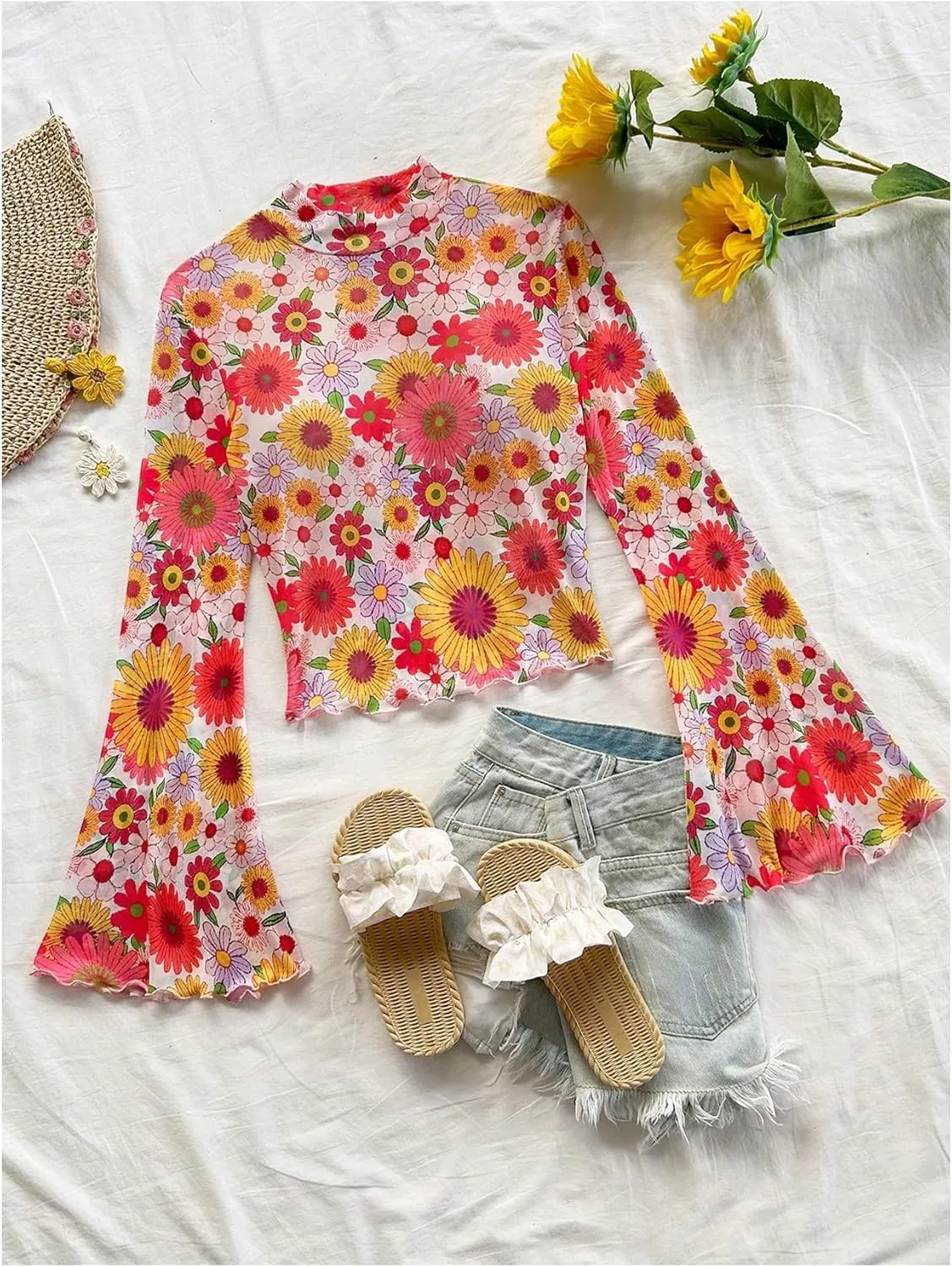 Women's Y2K Floral 70s Top Hippie Shirt Sheer Mesh Tee Shirt Disco Long Bell Sleeve T Shirts Crew Neck Boho Crop Tops