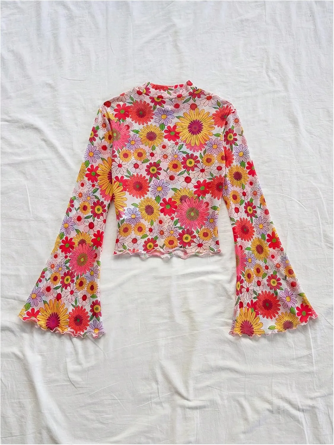 Women's Y2K Floral 70s Top Hippie Shirt Sheer Mesh Tee Shirt Disco Long Bell Sleeve T Shirts Crew Neck Boho Crop Tops