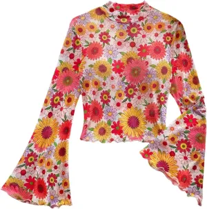 Women's Y2K Floral 70s Top Hippie Shirt Sheer Mesh Tee Shirt Disco Long Bell Sleeve T Shirts Crew Neck Boho Crop Tops