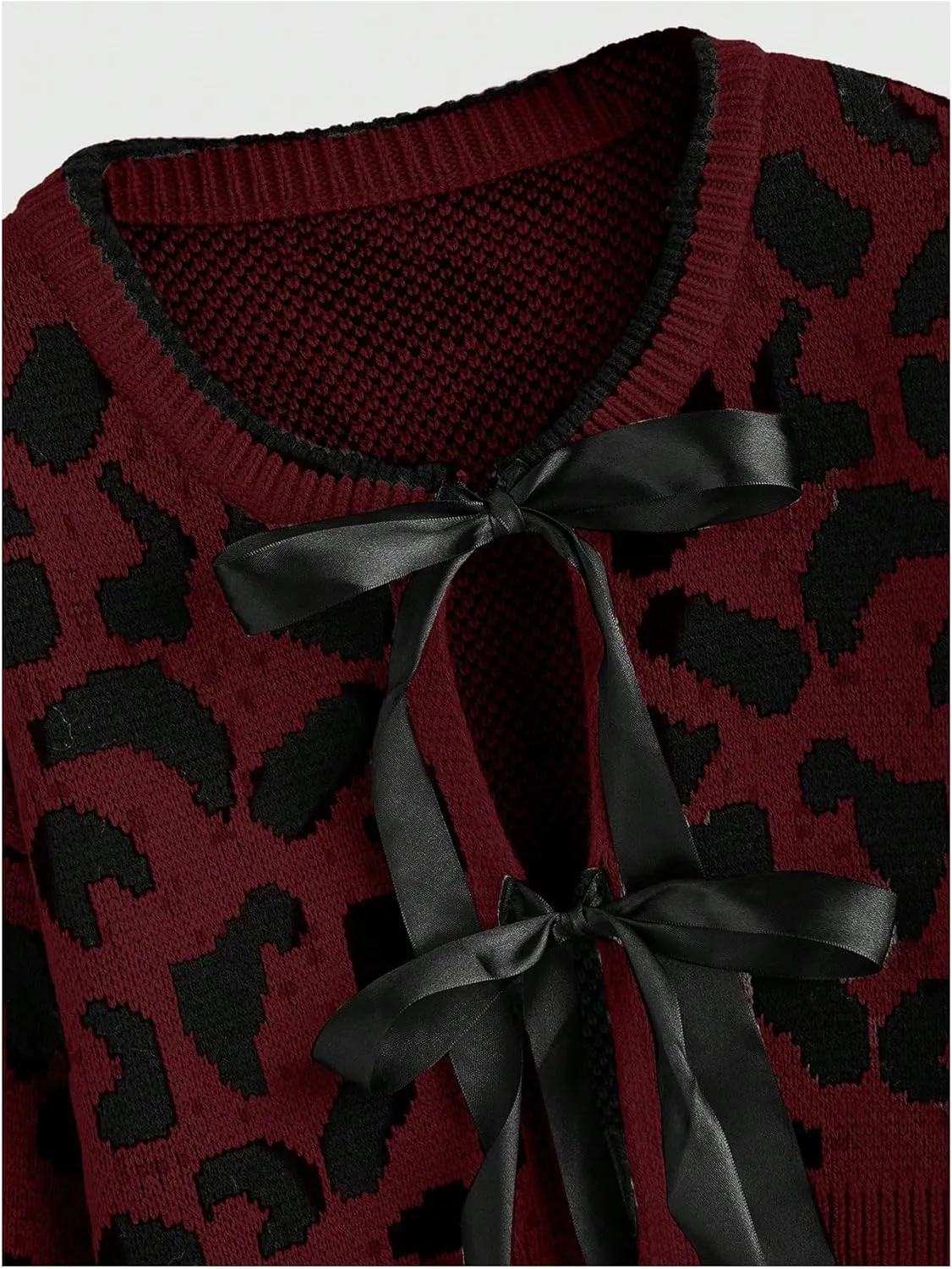 Women's Y2k Leopard Print Sweater Cardigans Bow Tie Front Crop Knit Cardigans Long Sleeve Crew Neck Cheetah Sweater