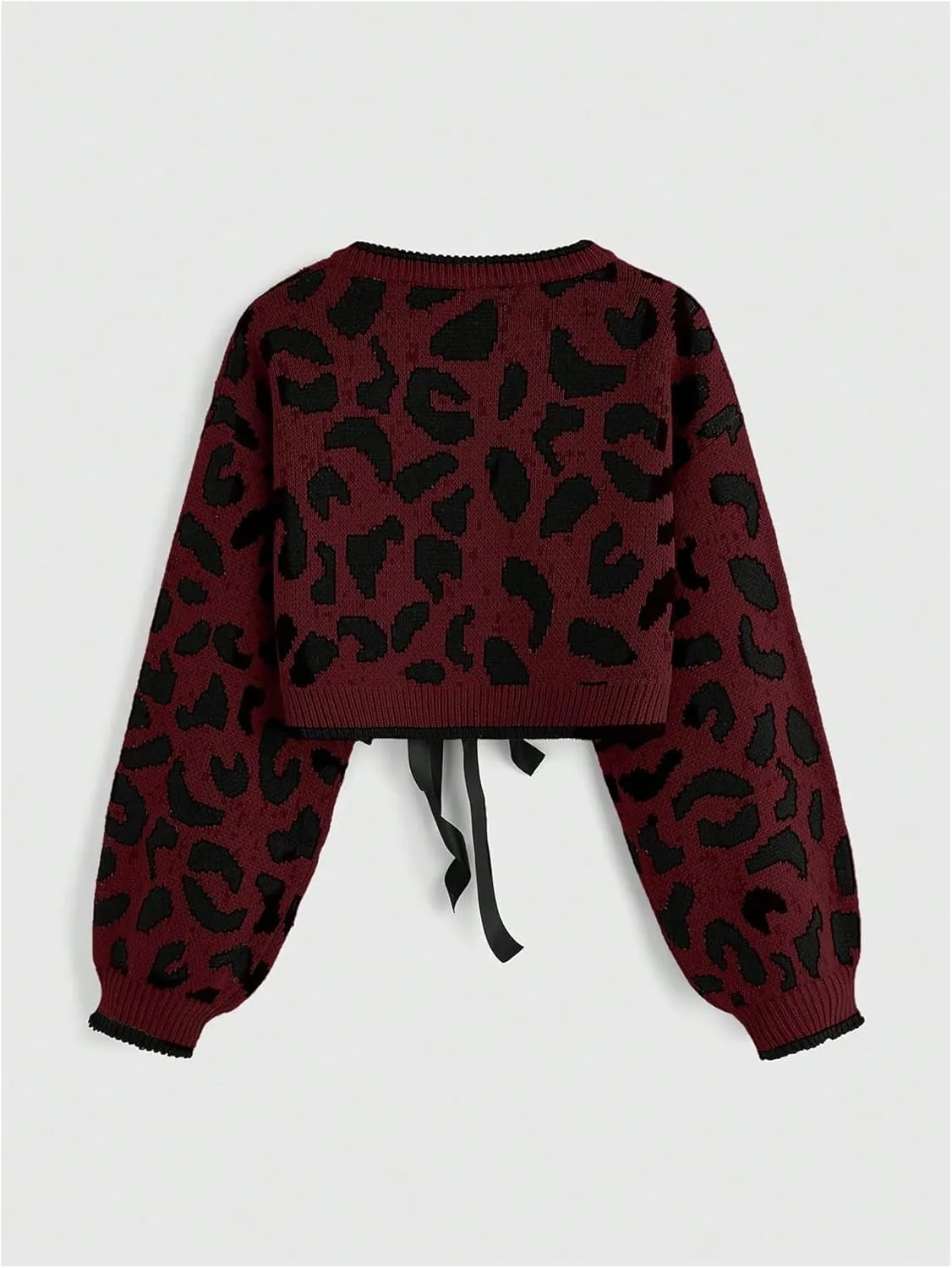 Women's Y2k Leopard Print Sweater Cardigans Bow Tie Front Crop Knit Cardigans Long Sleeve Crew Neck Cheetah Sweater
