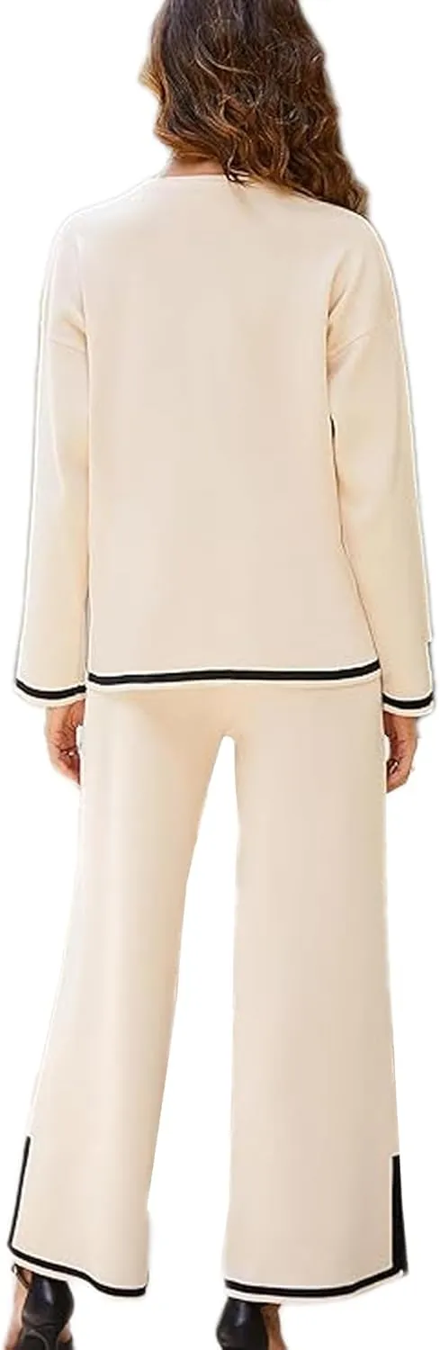 Woolicity NEW Womens 2 Piece Sweatsuit Set Outfits Long Sleeve Knit Sweater Top Wide Leg Pants Lounge Sets Tracksuits Set
