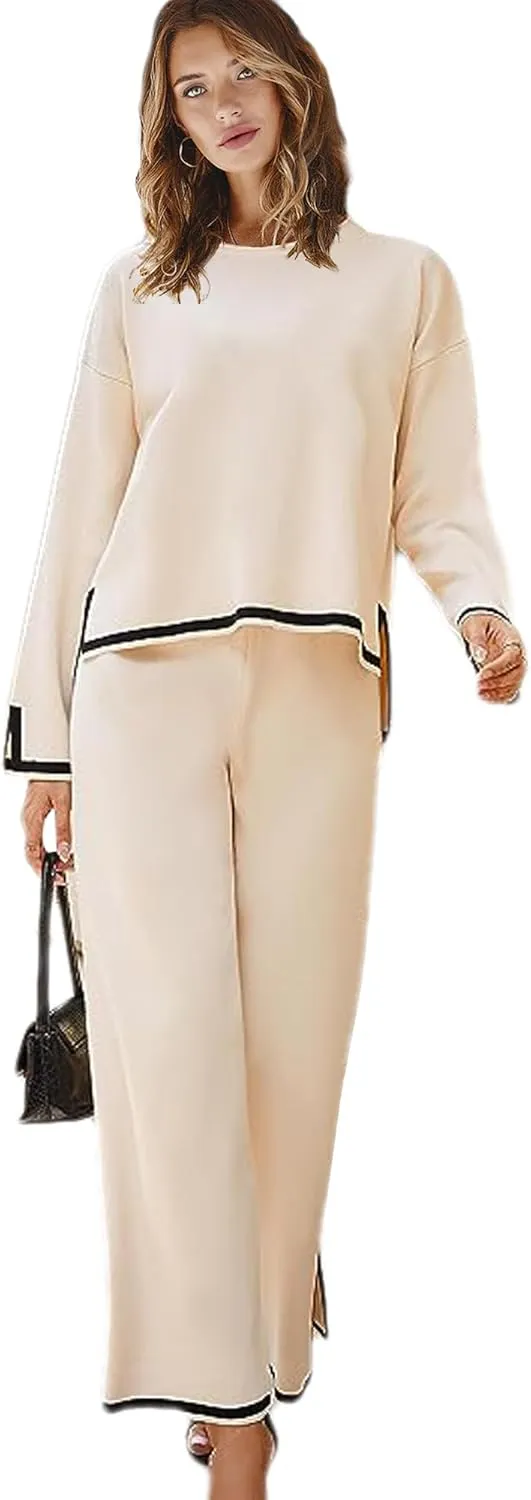 Woolicity NEW Womens 2 Piece Sweatsuit Set Outfits Long Sleeve Knit Sweater Top Wide Leg Pants Lounge Sets Tracksuits Set