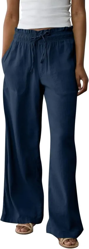 Work Pants Women High Waisted Summer Drawstring Linen Pants Comfy Straight Leg Baggy Beach Trousers with Pockets