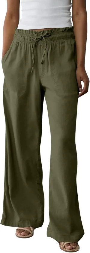 Work Pants Women High Waisted Summer Drawstring Linen Pants Comfy Straight Leg Baggy Beach Trousers with Pockets