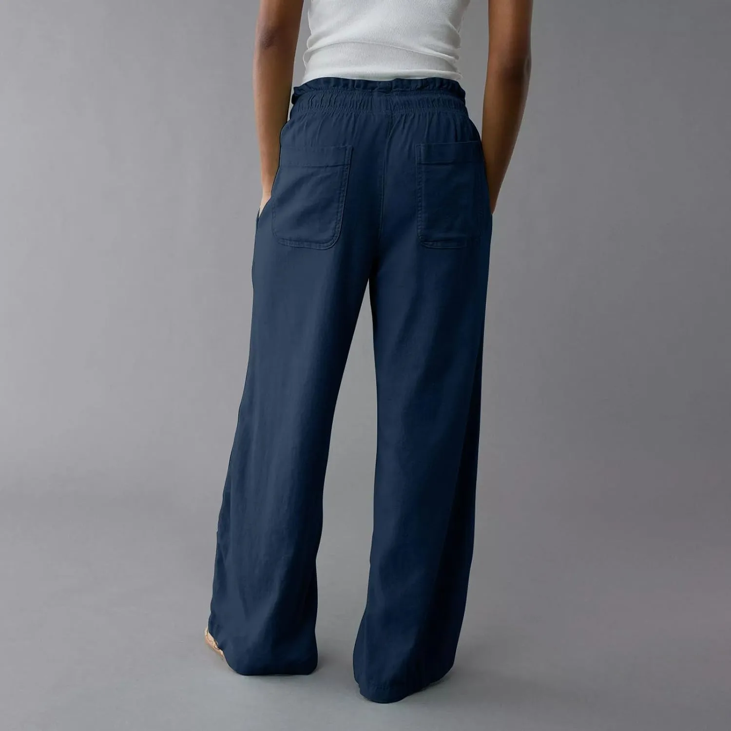 Work Pants Women High Waisted Summer Drawstring Linen Pants Comfy Straight Leg Baggy Beach Trousers with Pockets