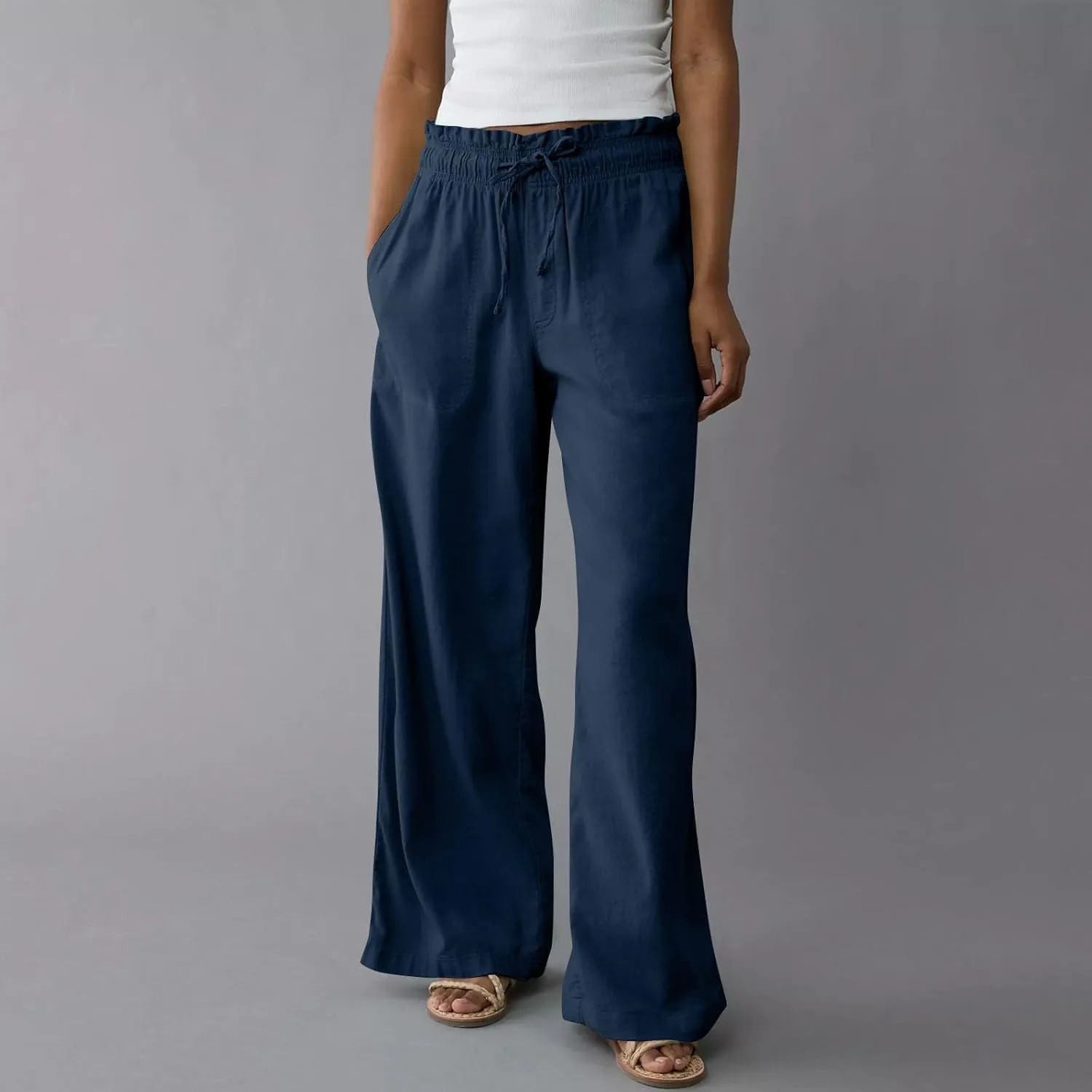 Work Pants Women High Waisted Summer Drawstring Linen Pants Comfy Straight Leg Baggy Beach Trousers with Pockets