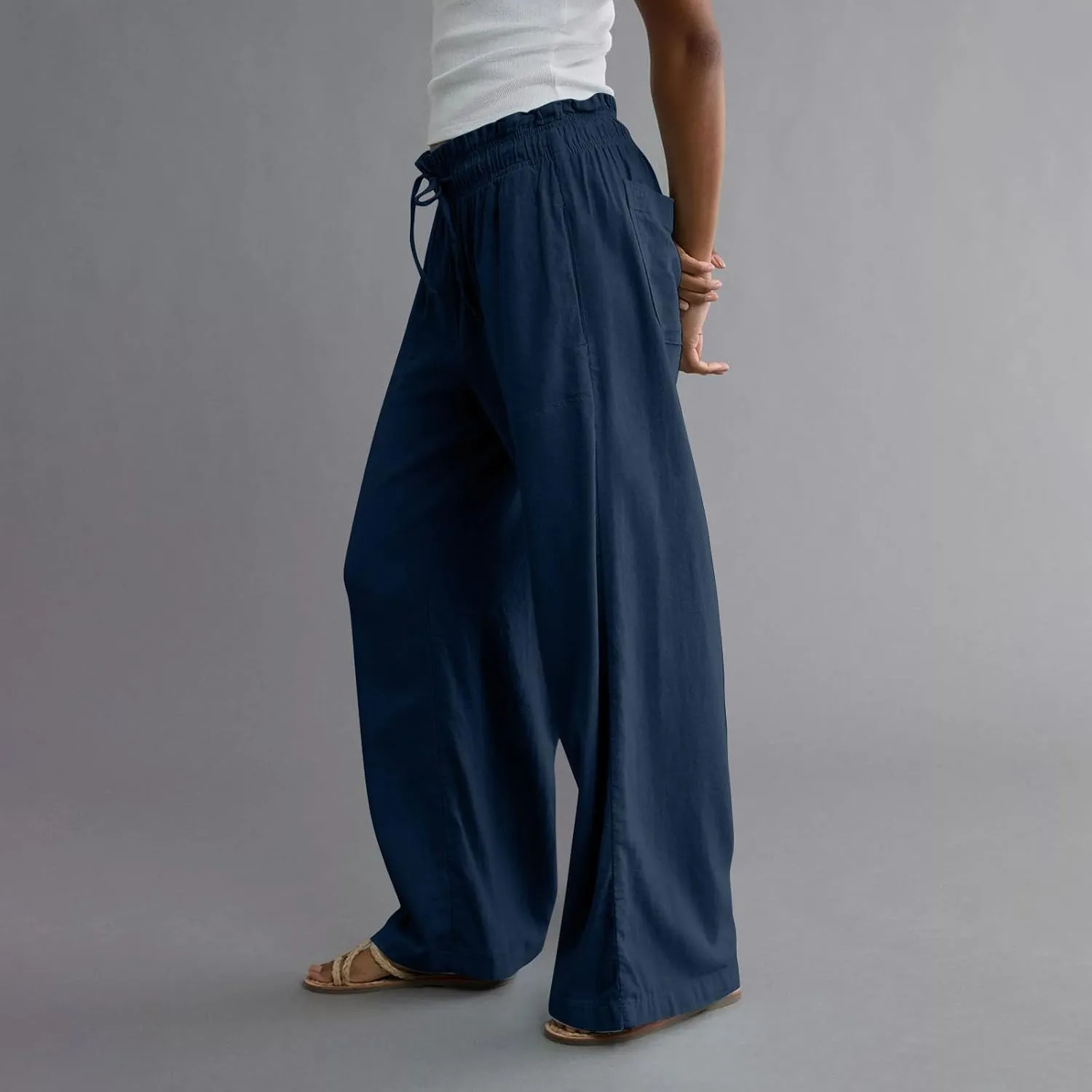 Work Pants Women High Waisted Summer Drawstring Linen Pants Comfy Straight Leg Baggy Beach Trousers with Pockets