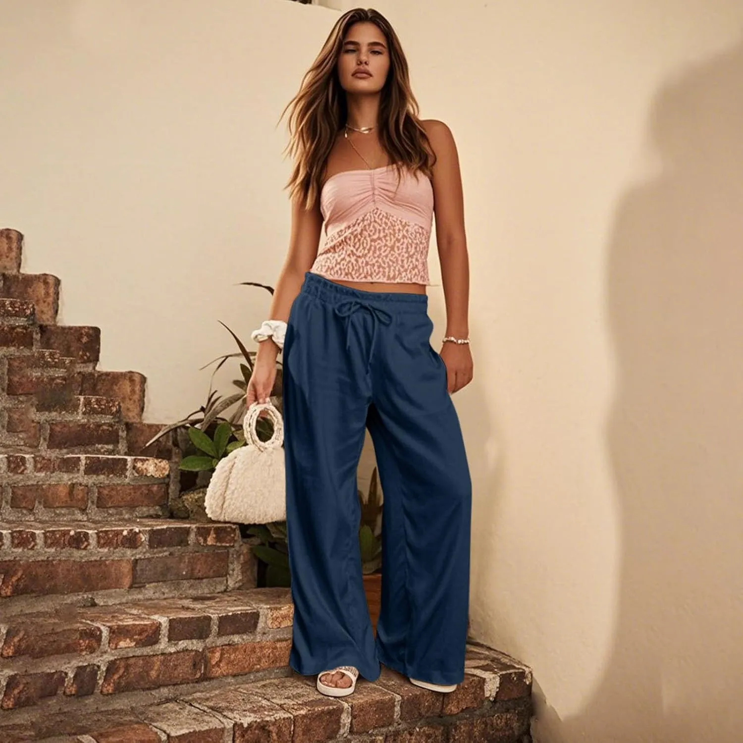 Work Pants Women High Waisted Summer Drawstring Linen Pants Comfy Straight Leg Baggy Beach Trousers with Pockets