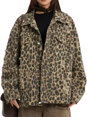 Y2k Aesthetic Leopard Print Denim Jacket for Women, Vintage Button Down Jean Jacket with Pockets, Casual Streetwear