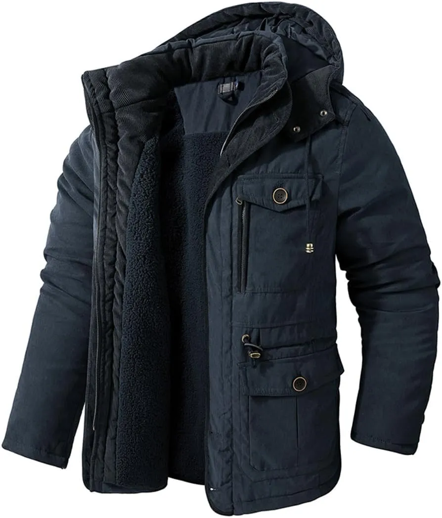 Yeuyyben Men's Thicken Parkas Warm Winter Jacket Cashmere Fleece Coats Outdoor Cotton-Padded Male Windbreaker Hooded Outwear