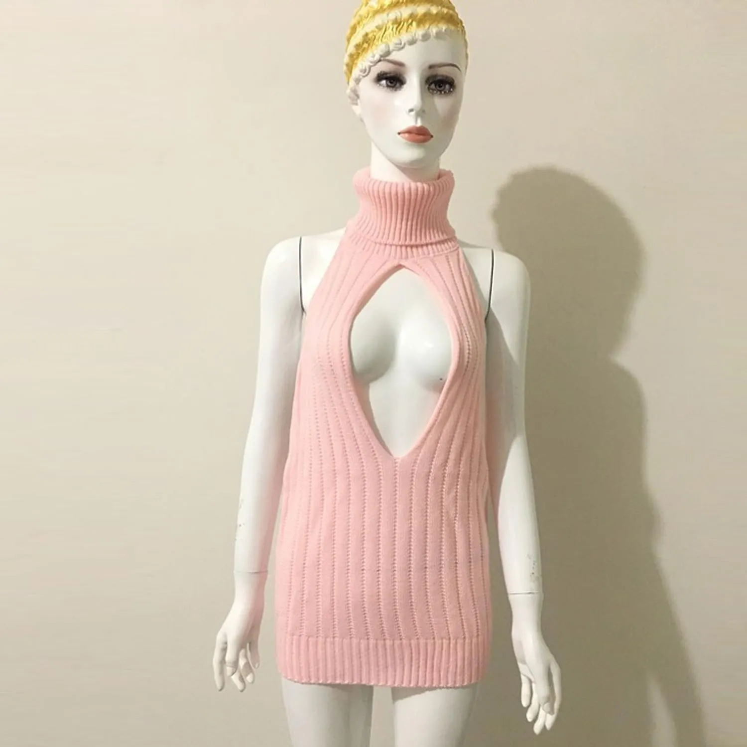 YOMORIO Women's Sexy Virgin Killer Sweater Backless Sweater Dress Hollow Out Cosplay Knit Tank Top Vest