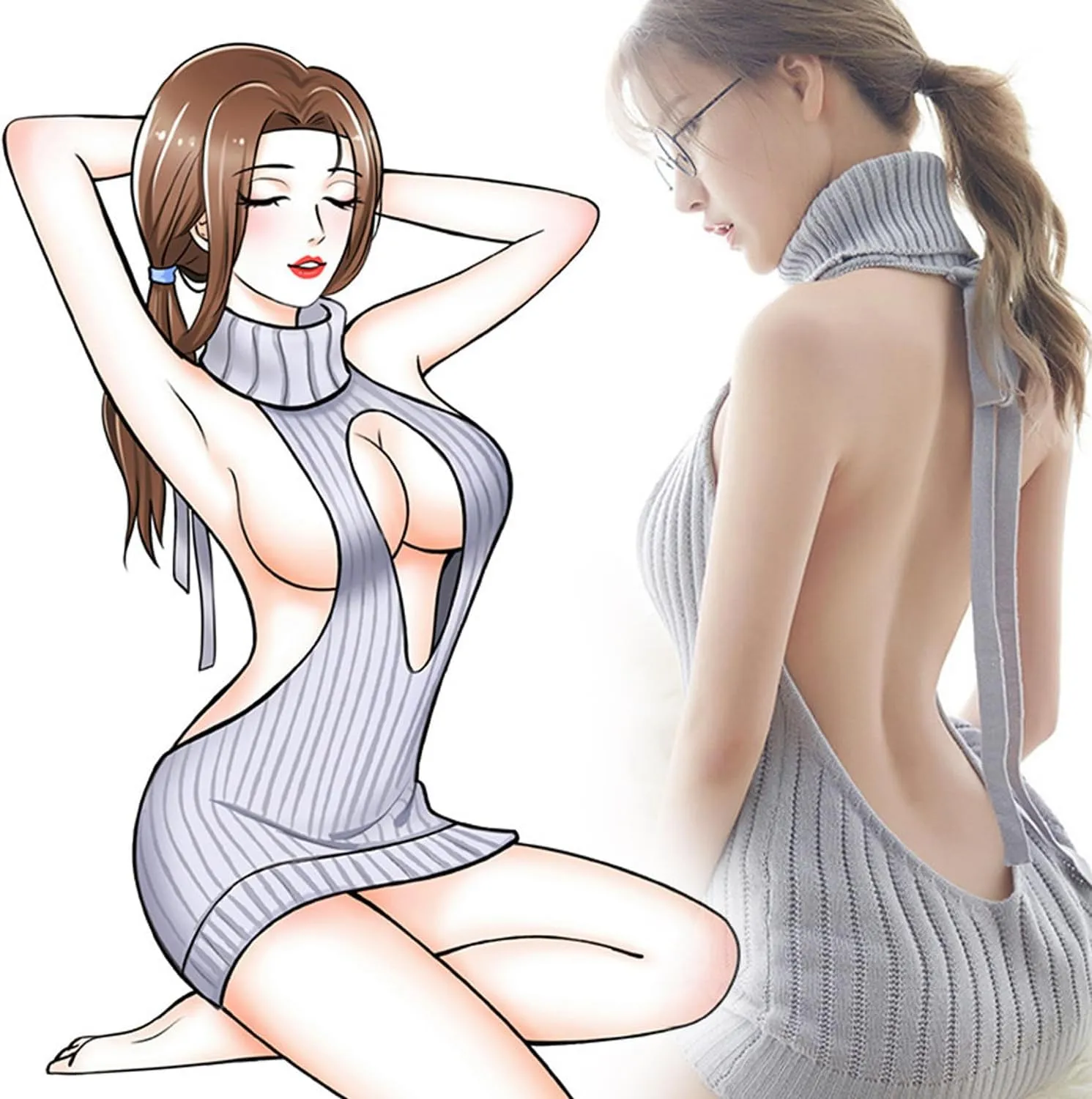 YOMORIO Women's Sexy Virgin Killer Sweater Backless Sweater Dress Hollow Out Cosplay Knit Tank Top Vest