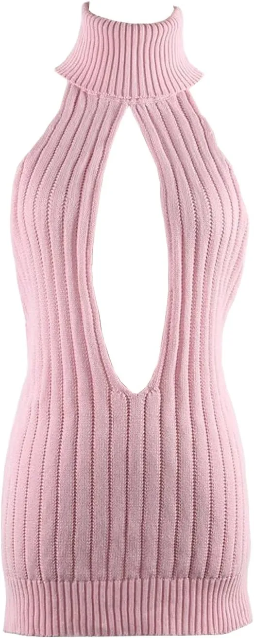 YOMORIO Women's Sexy Virgin Killer Sweater Backless Sweater Dress Hollow Out Cosplay Knit Tank Top Vest
