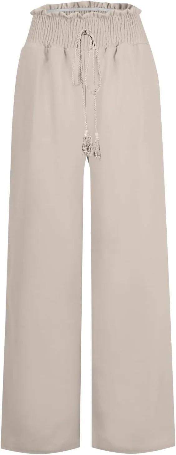 YRAETENM Linen Pants Women Boho Wide Leg High Waisted Palazzo Pants Casual Flowy Drawstring Long Lounge Trousers with Pockets