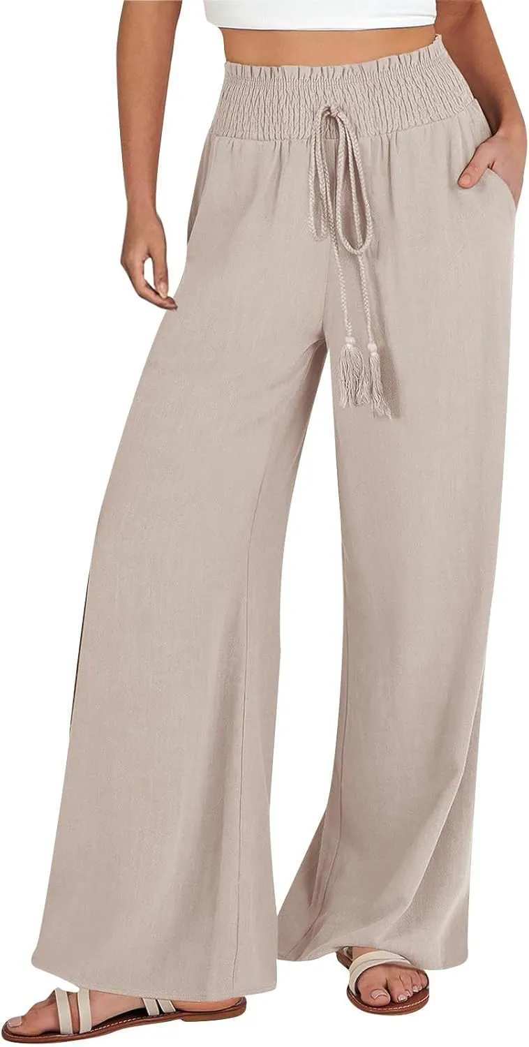 YRAETENM Linen Pants Women Boho Wide Leg High Waisted Palazzo Pants Casual Flowy Drawstring Long Lounge Trousers with Pockets