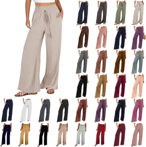 YRAETENM Linen Pants Women Boho Wide Leg High Waisted Palazzo Pants Casual Flowy Drawstring Long Lounge Trousers with Pockets