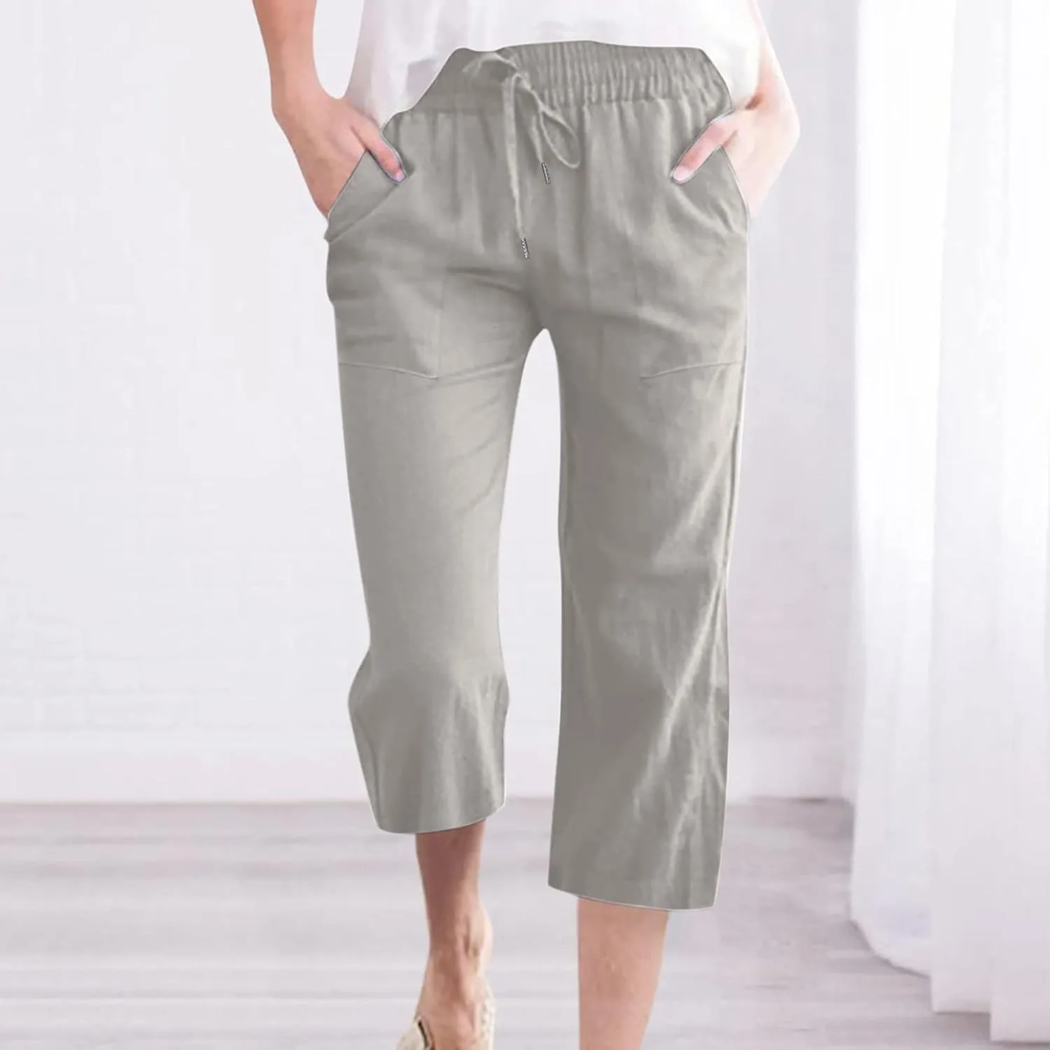 YRAETENM Linen Pants Women Summer Drawstring Elastic High Waist Capri Pants Casual Straight Wide Leg Trouser Wirh Pockets