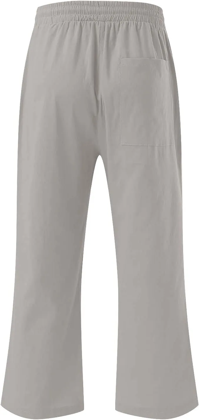 YRAETENM Linen Pants Women Summer Drawstring Elastic High Waist Capri Pants Casual Straight Wide Leg Trouser Wirh Pockets