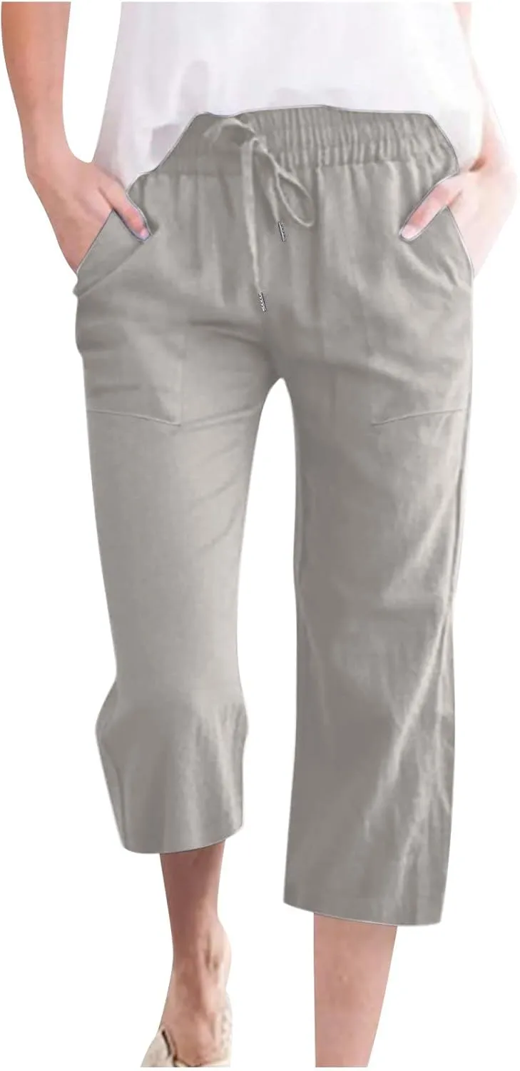 YRAETENM Linen Pants Women Summer Drawstring Elastic High Waist Capri Pants Casual Straight Wide Leg Trouser Wirh Pockets