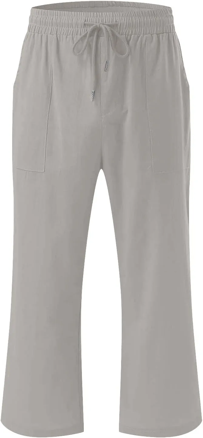 YRAETENM Linen Pants Women Summer Drawstring Elastic High Waist Capri Pants Casual Straight Wide Leg Trouser Wirh Pockets